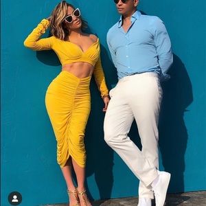 Yellow ruched skirt and top set sz small